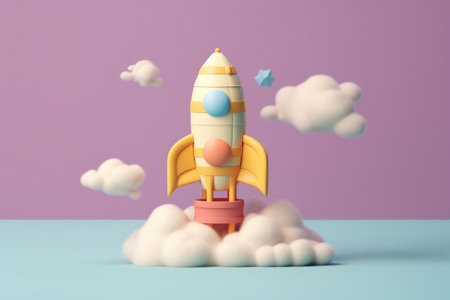 3d cartoon style minimal spaceship rocket icon Toy rocket upswing.の素材