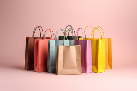 Studio shot of many colored shopping bags in a pastel background Generative AI.の素材
