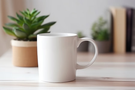 Blank white coffee mug mockup on work desk Generative AI.の素材
