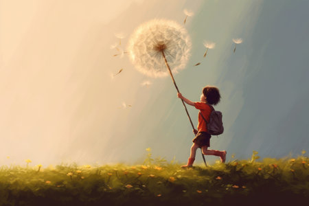 Dandelion in the wind on blue sky.の素材