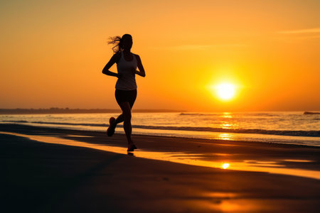 Silhouette of a woman running at sunset with the sun in the background.の素材