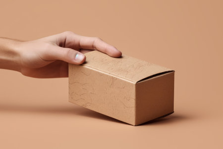 a hand holding a mailing box mockup delivery service concept photo.の素材