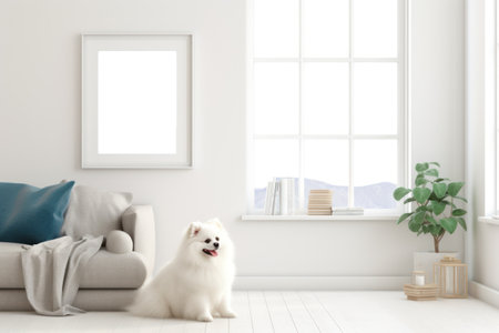 Picture a bright and airy living room with a white frame mockup with Pomeranian dog Generative AI.の素材