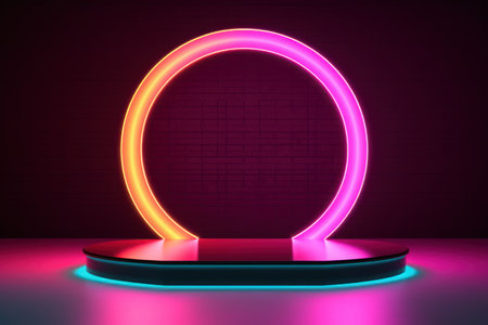 illustration of 3d rendering abstract podium neon circle tunneling lights for ecommerce signs retail.の素材