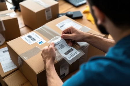 Close up Using stickers to label packages for shipping Documents Checklist Generative AI.の素材