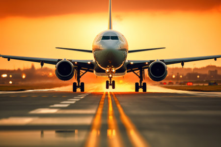 Commercial plane flying over the runway while with blurred background.の素材