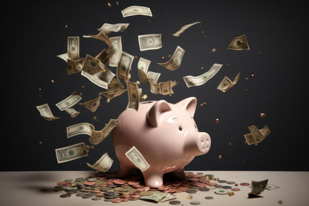 A lot of dollar money with piggy bank.の素材