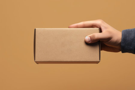 a hand holding a mailing box mockup delivery service concept photo.の素材