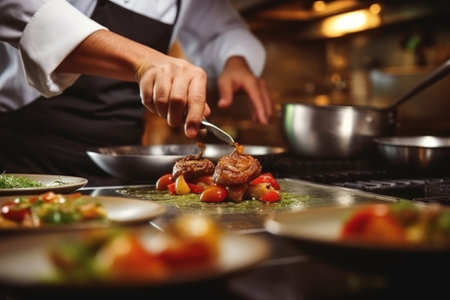 Close up of a professional chef preparing a delicious gourmet dish in a modern kitchen.の素材