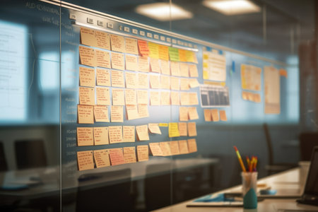 Blurred background of a whiteboard with project plans and timelines in office.の素材