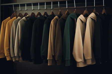 Close up a collection of t-shirts hanging on a clothes hanger.の素材