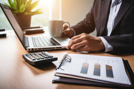 Business desk concept, laptop and coffee and calculator on desk.の素材