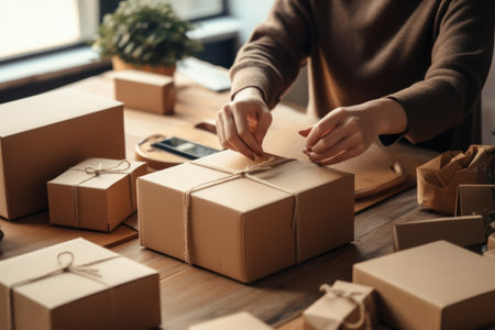Online shopping young start small business in a cardboard box at work Generative AI.の素材