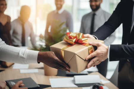 Close up view of hands Giving a business gift in an office.の素材