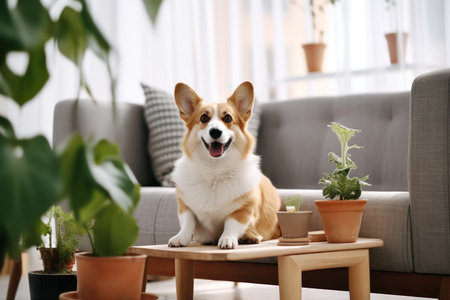 A Corgi sitting on grey Sofa Bed pet mat in living room Generative AI.の素材