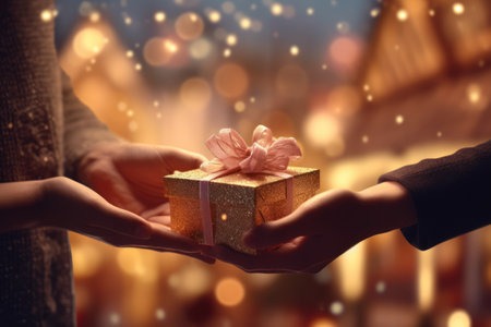 Close-up of hands giving a gift box in festival stock photography concepts.の素材
