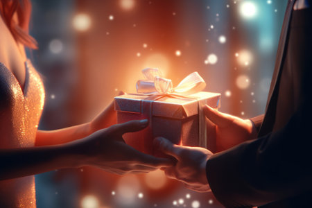 Close-up of hands giving a gift box in festival stock photography concepts.の素材