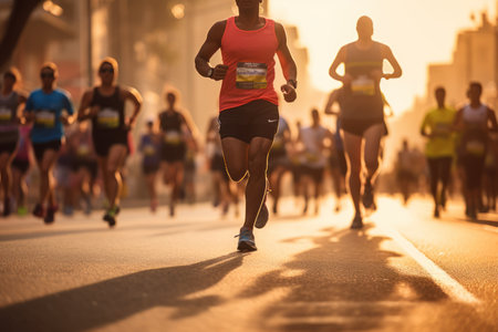 Marathon running in the light of morning or evening on city road detail Generative AI.の素材