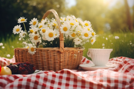 Photo of Picnic set with flowers in the garden countryside.の素材
