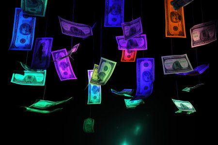 dollar bills falling with Neon colorful backgroundの素材