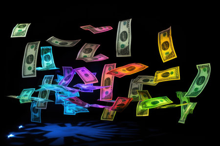 dollar bills falling with Neon colorful backgroundの素材
