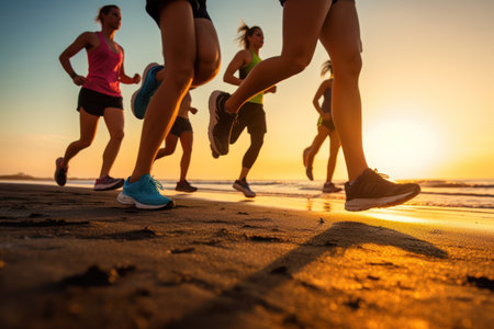 Group running in the light of morning or evening on city road detailの素材