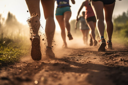 Group running in the light of morning or evening on city road detailの素材