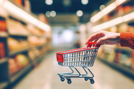 Woman hand hold shopping cart with blur supermarket fresh product shelves backgroundの素材