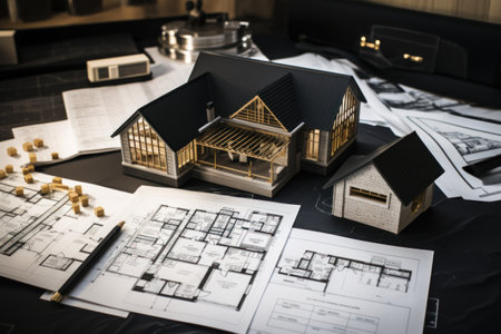 House models sit on top of several different architects drawings and floor planの素材