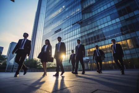 Group of business people walking outside in front of office building with blurred backgroundの素材
