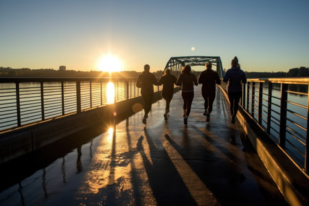 Group running in the light of morning or evening on city road detailの素材