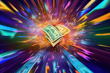 dollar bills falling with colorful abstract backgroundの素材