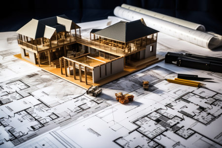 House models sit on top of several different architects drawings and floor planの素材