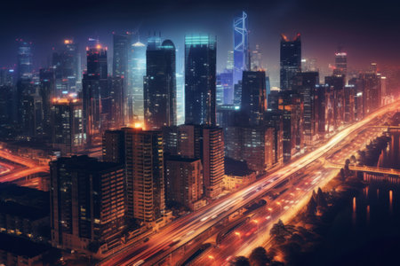 High speed traffic and light trails in highway at twilight Modern city at nightの素材