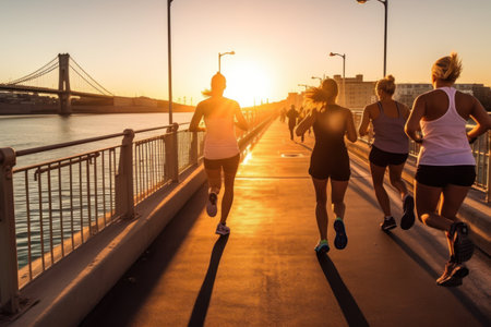 Group running in the light of morning or evening on city road detailの素材