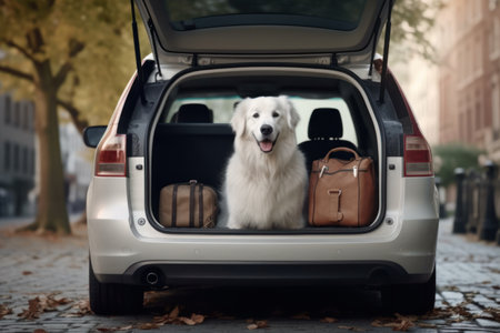 Car trunk with cute Dog and luggage Dog Travel concept Generative AIの素材