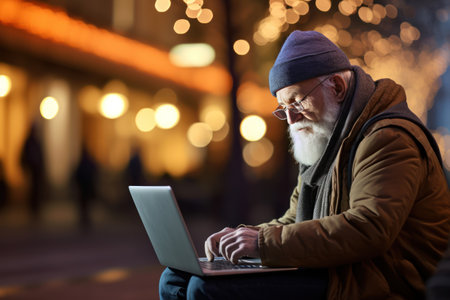 Senior couple using laptop Retired Elderly Couple Using Laptop at Outdoor Generative AI.の素材