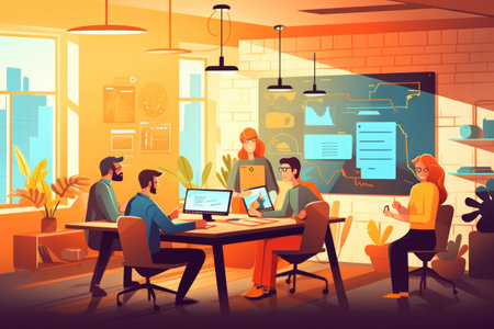 Group business team video conference meeting online concept. flat illustration cartoon character design concept, Generative AIの素材