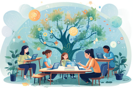 group student in class room, students in a library, Round table discussion, illustrator, Generative AIの素材