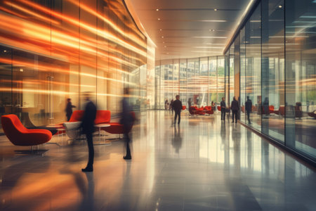 An office building with a huge people flow, fast shutter, Business people walking, Generative AIの素材