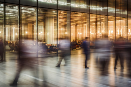 An office building with a huge people flow, fast shutter, Business people walking, Generative AIの素材