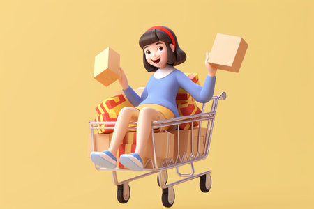 A girl is sitting in a shopping cart beige background 3d icon clay render Generative AI.の素材