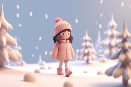 A girl walking in winter season concept 3d Tiny cute isometric Generative AI.の素材