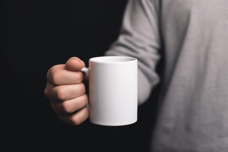 Closeup of hand holding of white mug or cup isolated Generative AI.の素材