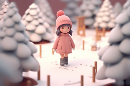 A girl walking in winter season concept 3d Tiny cute isometric Generative AI.の素材
