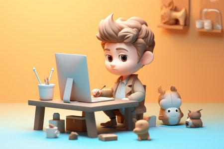 A business boy working with laptop on desk 3D Tiny cute isometric Generative AI.の素材