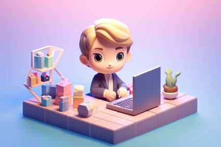 A business boy working with laptop on desk 3D Tiny cute isometric Generative AI.の素材