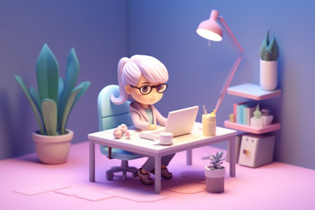 A business girl working with laptop on desk 3D Tiny cute isometric Generative AI.の素材