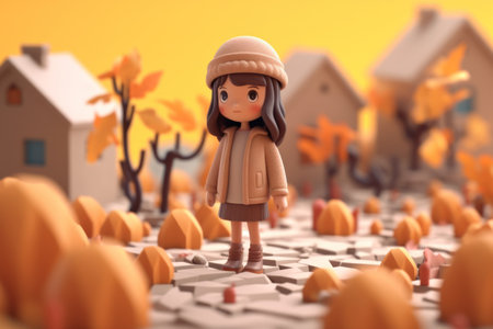 A girl walking in autumn season concept 3d Tiny cute isometric Generative AI.の素材