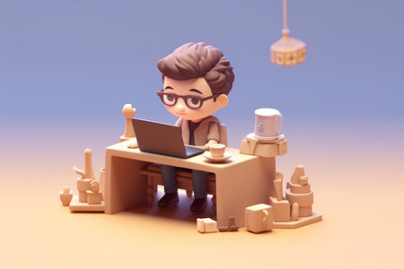 A business boy working with laptop on desk Tiny cute isometric 3D render Generative AI.の素材
